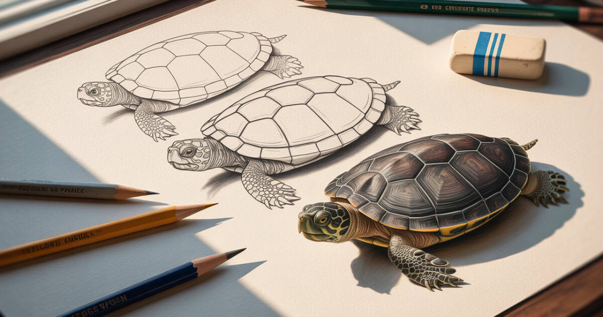 Schildpadden tekenen gaat nu eindelijk heel erg rustig en ook zeer overzichtelijk