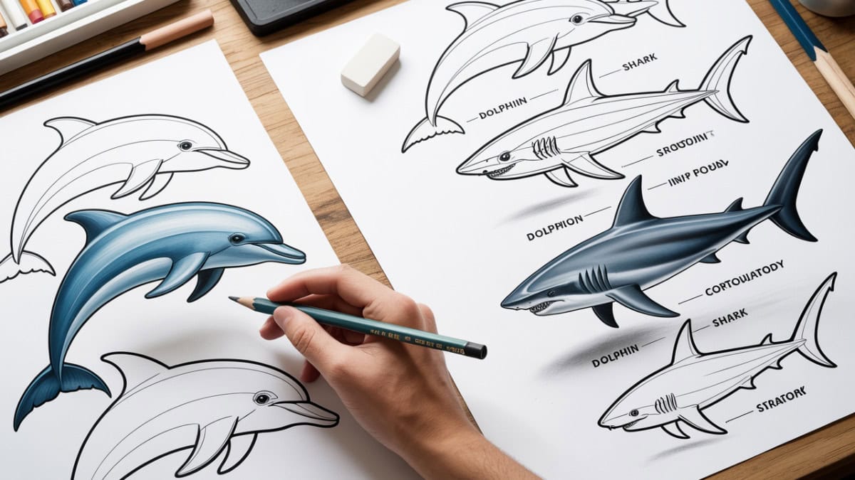 Dolfijn en Haai Tekenen – Stap-voor-Stap Gids voor Zeedieren