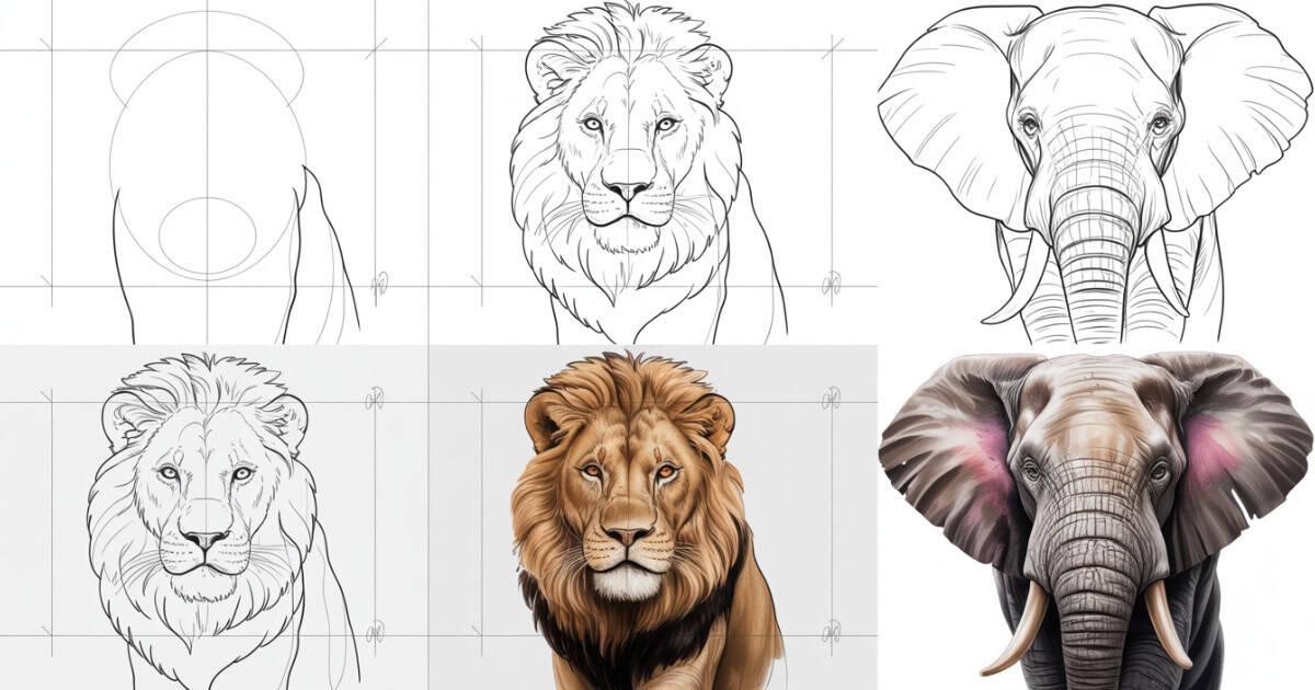 Leeuw en olifant tekenen: stap-voor-stap grote dieren leren te