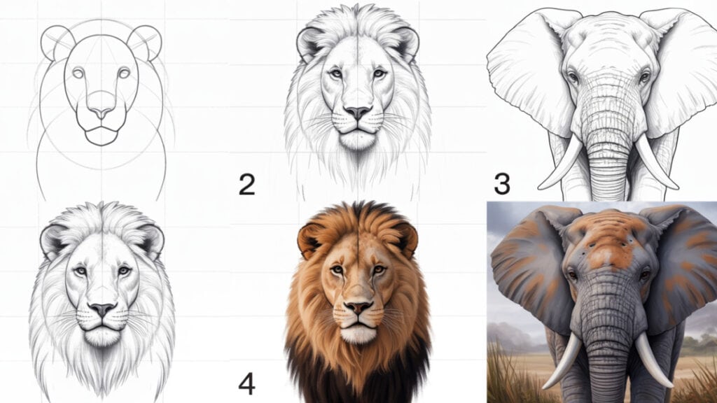 Leeuw en olifant tekenen